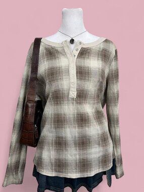 cream brown plaid girly granola cottagecore thermal